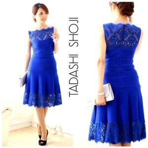 Tadashi‎ Shoji Royal Blue Jersey /Lace Dress size Small classic party stretching